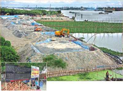 Fig.: Filling up of the river Buriganga near the BIWTA jetty in Shyampur, Dhaka. Inset, a signboard reading a court order against eviction. Photo: Anisur Rahman