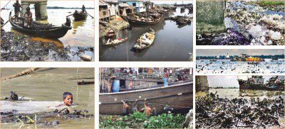 Fig.: The varied colours of Karnaphuli river, a stark reminder that toxic waste is eating it away, slowly diminishing its grandeur and ability to sustain aquatic life. Photo: Anurup Kanti Das