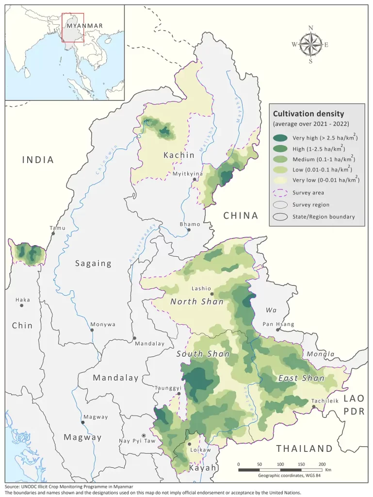 Opium poppy cultivation density in Myanmar